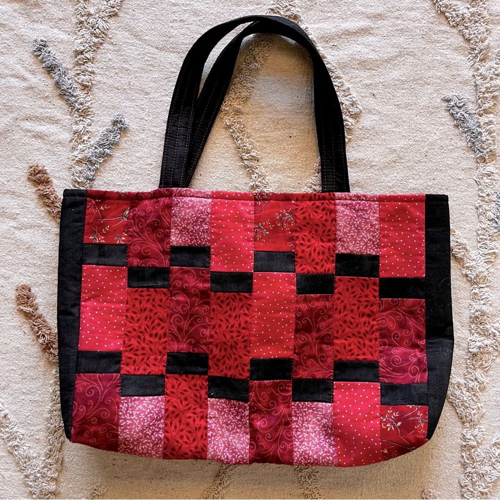 Handmade Red Fabric Patchwork Tote Bag Purse
